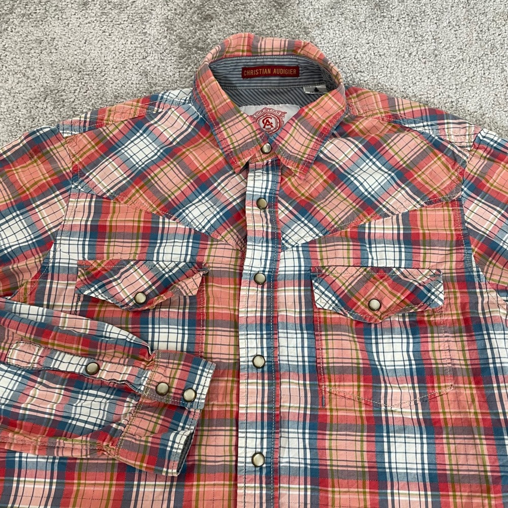 Christian Audigier Mens Pink Blue Plaid Western Snap Long Sleeve Shirt Size M